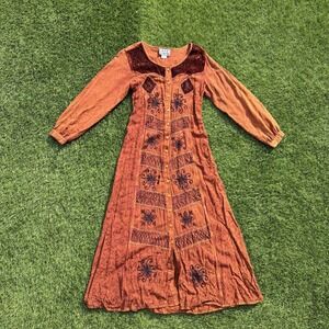 Vintage MPH Women's Size Small Orange Long Sleeve Bohemian Cottage Core Dress